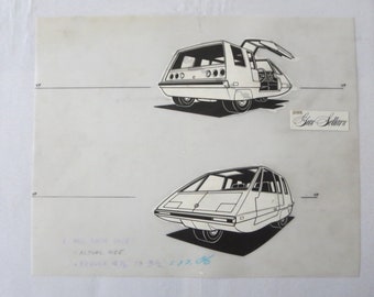1975 Concept Car Design Drawing Sketch Rendering Art - 3 Wheel Wedge Car