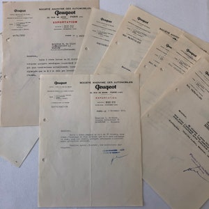 Lote de 9 documentos con membrete de Peugeot, 1948-1957, en francés