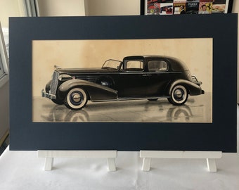 Illustration d'art publicitaire Cadillac de 1937 - Dessin authentique à la main