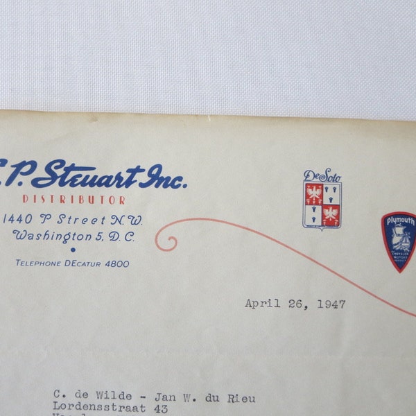 1947 L.P. Steuart Inc Desoto Plymouth Dealership Letter Letterhead Washington DC