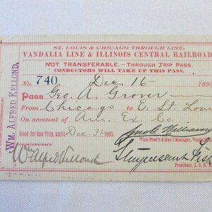 1893 Vandalia Line & Illinois Central Railroad Original Trip Pass Document Ticket