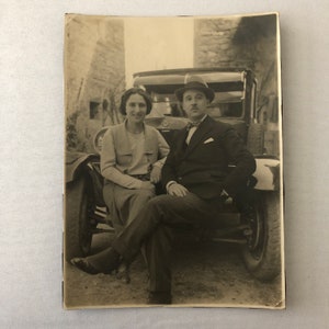 Antique Photo Photograph Print Couple with Fiat Automobile Car Vehicle Italian ?