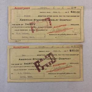 American Standard Jewelry Company Documento Efímero Lote 2x 1909