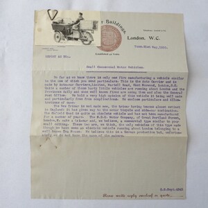 Carta con membrete de la empresa de motocicletas y vehículos comerciales de 1910 Rex Tricar Carrier