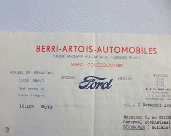 1953 French Ford Dealer Dealership Letter Letterhead Document Car - Berri Artois Automobiles