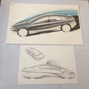 Lot de 2 voitures vintage concept car Styling Art Design Illustration signées 1984 Ford