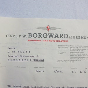 Documento con membrete de la carta de Borgward de 1953 (texto en alemán)