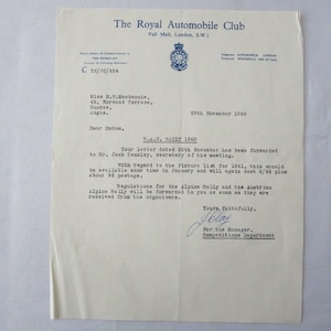 Carta con membrete del Royal Automobile Club de Londres de 1960