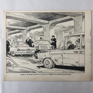 Ilustración de cómic de periódico vintage de los años 60 Arte Policía Conductor ebrio Toronto Telegram Al Beaton