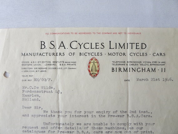 1946 BSA Cycles Limited Letter Letterhead Document Motorcycle | Etsy
