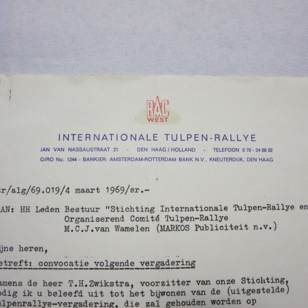 1969 RAC Tulpen Rallye Rally Racing Letter Letterhead - Dutch Rallying