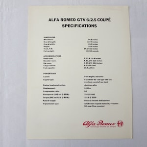 1981 Alfa Romeo GTV-6 2.5 Coupe Specification Sheet Brochure GTV6