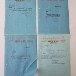 Lote de 4 documentos con membrete de la carta de exportación de International Harvester de 1946-1947