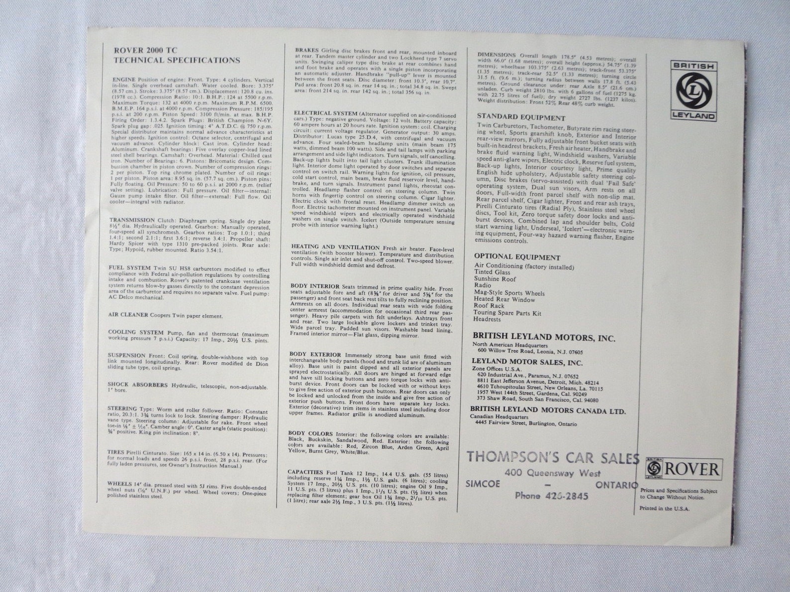 1960s Rover 2000 TC Sales Brochure Advertising Catalog | Etsy