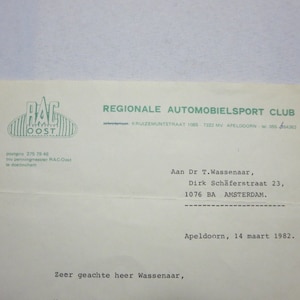 Carta con membrete del RAC Regionale Automobielsport Club Oost de 1982 para coches de rally y carreras