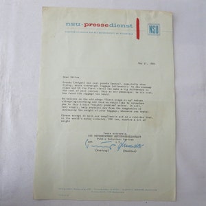 Carta con membrete de la fábrica de automóviles NSU de 1964 enviada al editor de la revista