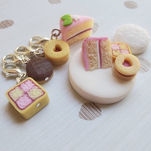 Needle minder and stitch marker set, polymer clay cake and biscuit novelty gift