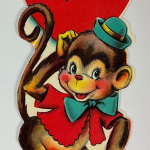 Stop Monkeying Around & Be My Valentine Monkey Vintage 1950s Unused Valentine Novelty Greeting Card