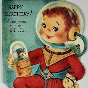 Little Boy Space Astronaut & Mouse Vintage 1950s Unused Fairfield Birthday Greeting Card