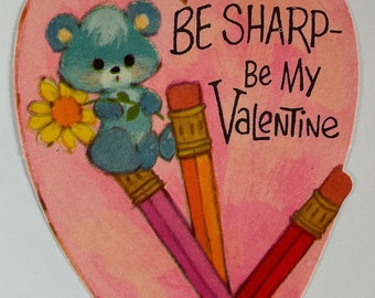 Be Sharp Blue Teddy Bear Sitting on Pencils Vintage 1960s Unused Valentine Novelty Greeting Children’s Day Card