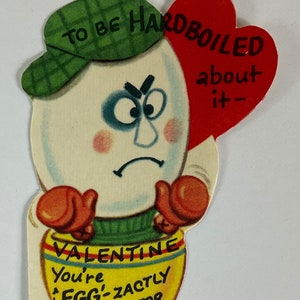 You’re Exactly Right For Me Anthro Anthropomorphic Hard Boiled Egg Vintage 1950s Unused Valentine Greeting Card