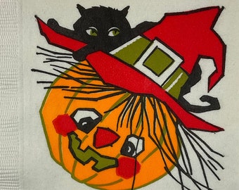 Witch Hat JOL Pumpkin & Black Cat Halloween Vintage 1950s Unused Paper Napkin