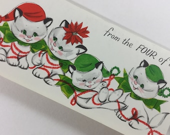 4 Jolly Playful Santa Hat Kitty Cat Kittens Vintage 1950s Unused Stanley Christmas Xmas Greeting Card