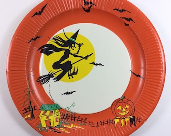 Skeleton Face Witch Haunted House Bats JOL Pumpkin Vintage 1950s Unused Halloween Paper Plate