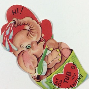Baby Elephant In Bath Tub Vintage 1950s Unused Valentine Greeting Card