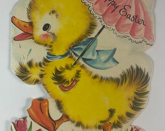 Blue Bow Little Duck Holding A Pink Umbrella Vintage 1940s Hallmark Easter Greeting Card