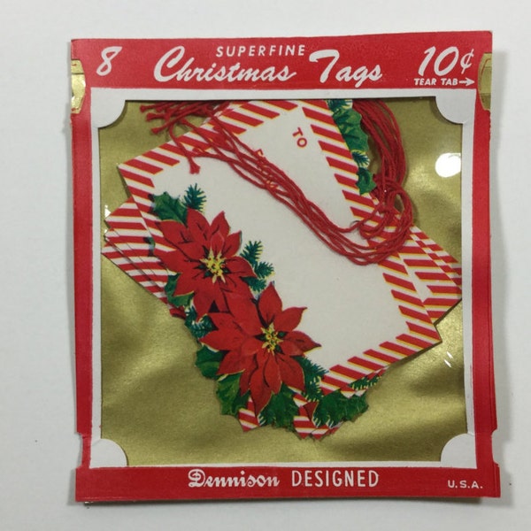 8 Striped Poinsettia 1940s Dennison Christmas Gift Tags in Original Package