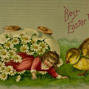 Chick Pulling Girl in Daisies Daisy Flower Egg Cart Vintage Antique 1900s Unused Embossed Easter Greeting Postcard Card
