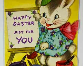 Artist Bunny Rabbit Painting Vintage 1950s Pollyanna Easter Greeting Card