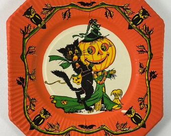 Scared Masked Black Cat Owls & JOL Pumpkin Scarecrow Vintage 1940s Unused Halloween Paper Plate