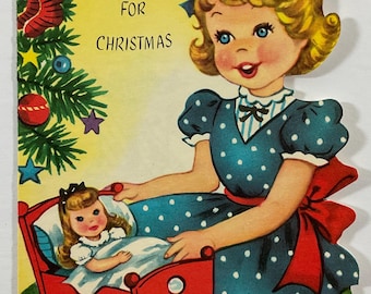 Tea Time Little Girl & Doll Vintage 1940s Unused Pollyanna Children’s Christmas Xmas Greeting Card