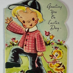 Beanie Cap Little Child Walking A Duck Vintage 1940s Unused Meri-Card Easter Greeting Card