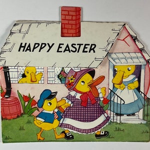 Dressed Up Ducks At Their Egg House Home Vintage 1940s Unused Easter Greeting Card