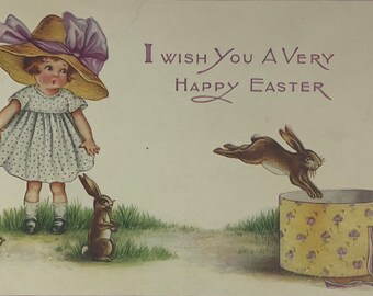 Bunny Rabbits Hopping In Little Girl’s Hat Box Vintage Antique 1900s Whitney Embossed Easter Greeting Postcard Card