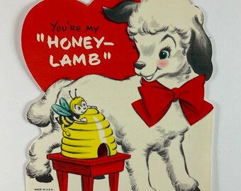 Honey Lamb Sheep & Bumblebee Bee Vintage Unused Valentine Greeting Day Card