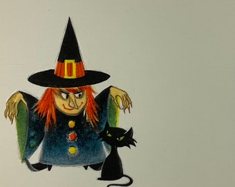 Scary Witch Black Bat Vintage 1950s Unused Gibson Halloween Party Greeting Place Card