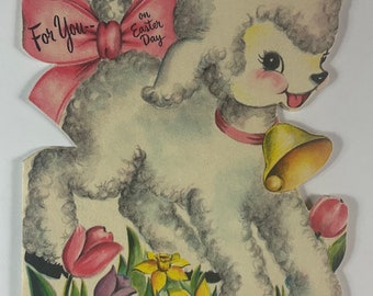 Yellow Bell Little Lamb Sheep Saying Hello Vintage 1940s Hallmark Easter Greeting Card