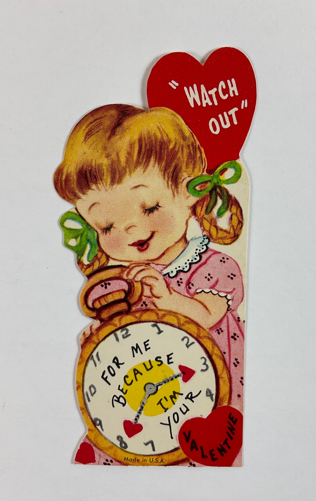 Stop Watch Clock Little Girl Watch Out for Me Vintage Unused Valentine ...