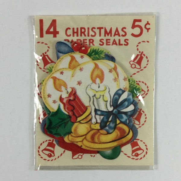 14 Art Deco Retro Candles & Bells 1940s Christmas Seal Stickers in Original Package