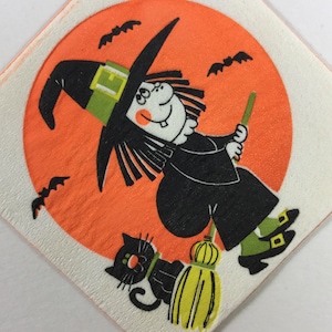 Green Socks Wicked Witch Flying on Broom w/Black Cat & Bats Vintage 1950s Unused Gibson Halloween Party Paper Coaster