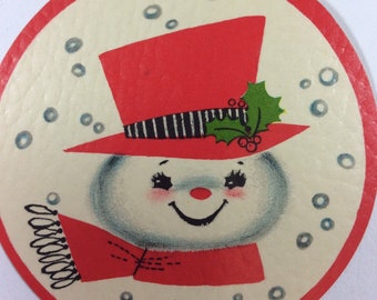 Rosy Cheeked Snowman Red Hat Scarf Vintage 1950s Unused Hallmark Christmas Paper Coaster