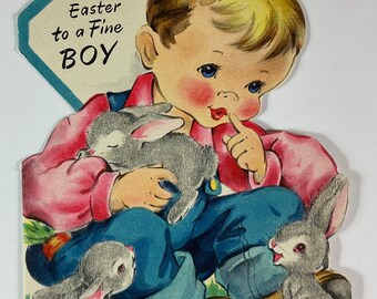 Fuzzy Flocked Bunny Rabbits & Fine Little Boy Vintage 1949 Hallmark Easter Greeting Card