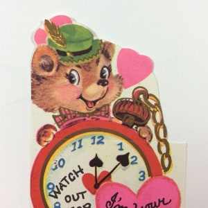 Teddy Bear With Pocket Watch Clock Vintage 1950s Unused Valentine Greeting Card