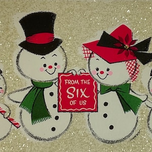 6 Santa Hat Wearing Snowmen & Candy Canes Vintage 1950s Unused Paramount Glitter Christmas Xmas Greeting Card