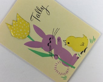 Chick & Purple Bunny Rabbit Holding Polka Dot Tulip Flower Vintage 1940s Unused Hallmark Bridge Tally Game Card