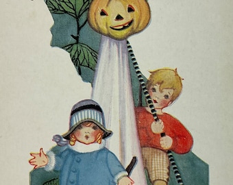 Sweet Little Children JOL Pumpkin & Black Cat Vintage Antique 1900s Whitney Unused Halloween Greeting Postcard Card